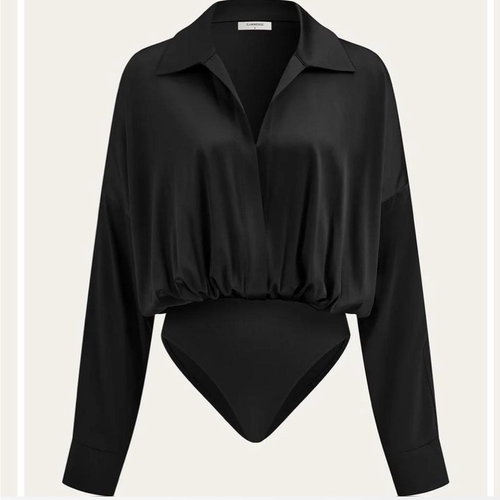 Commense NWT Satin Collared Long Sleeve Bodysuit XS/Small Classic Black